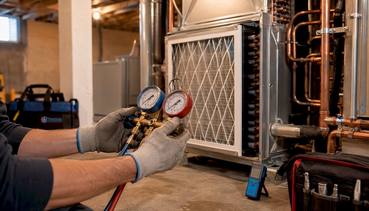 Hands measuring HVAC system components