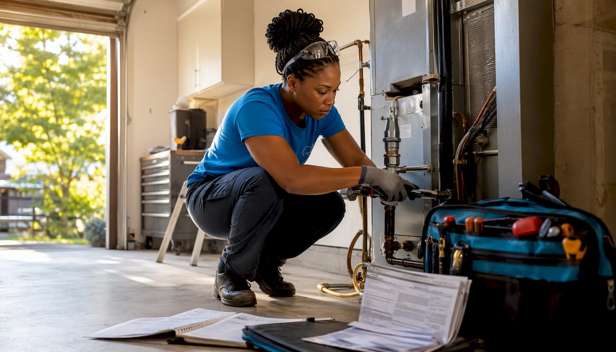 Technician repairing home air handler