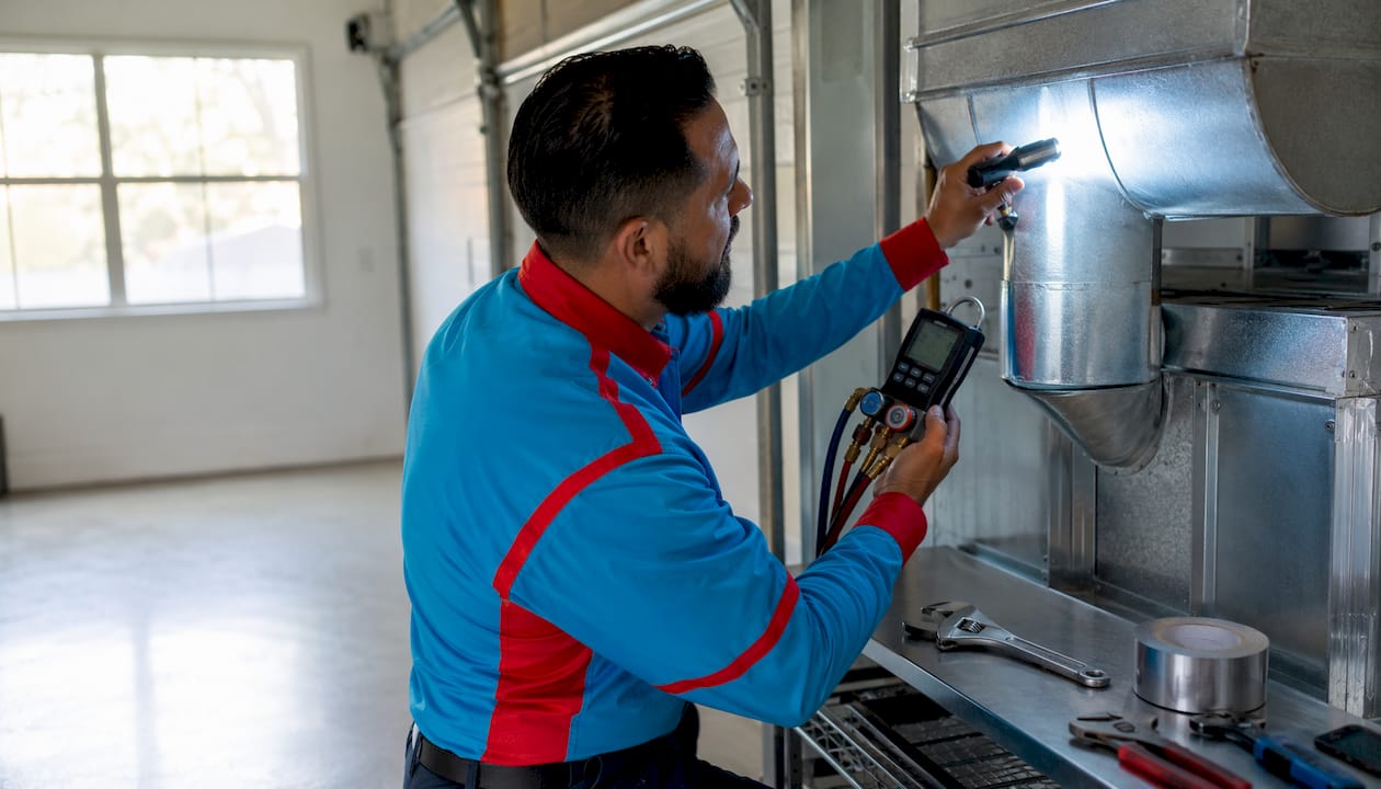 HVAC technician inspecting duct installation in basement