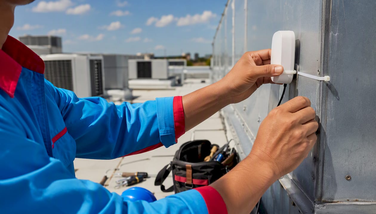 Hands installing IoT sensor on HVAC unit
