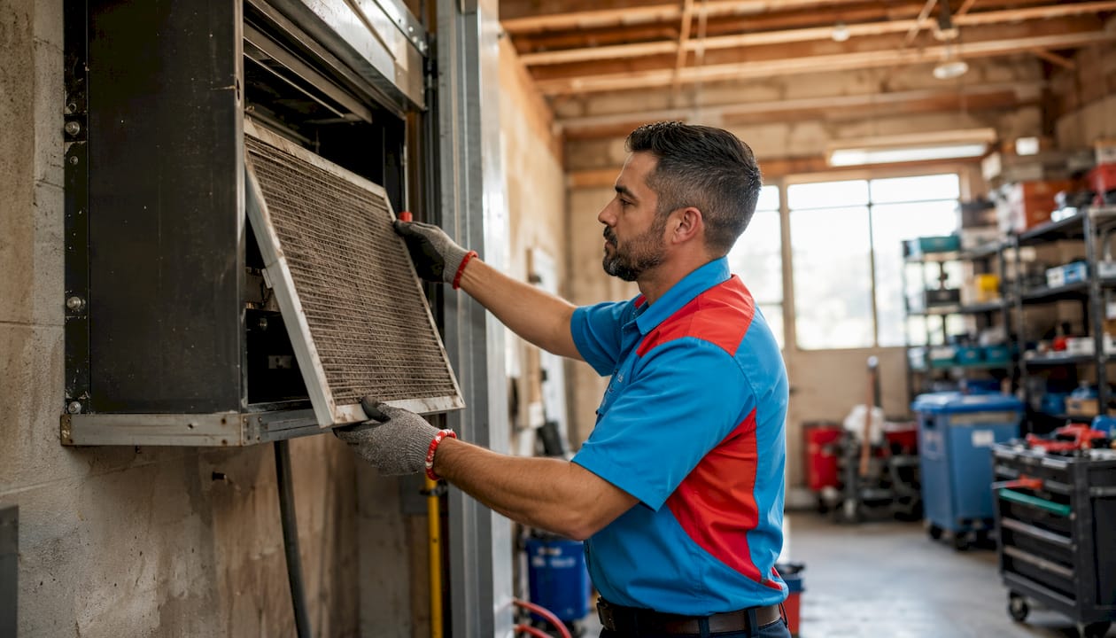 Technician removing dirty clogged HVAC filter