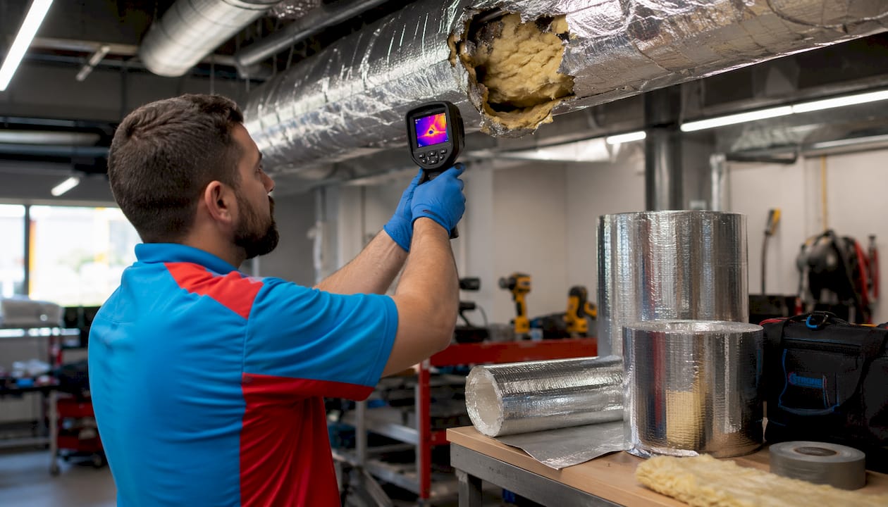 Technician inspecting HVAC duct insulation damage