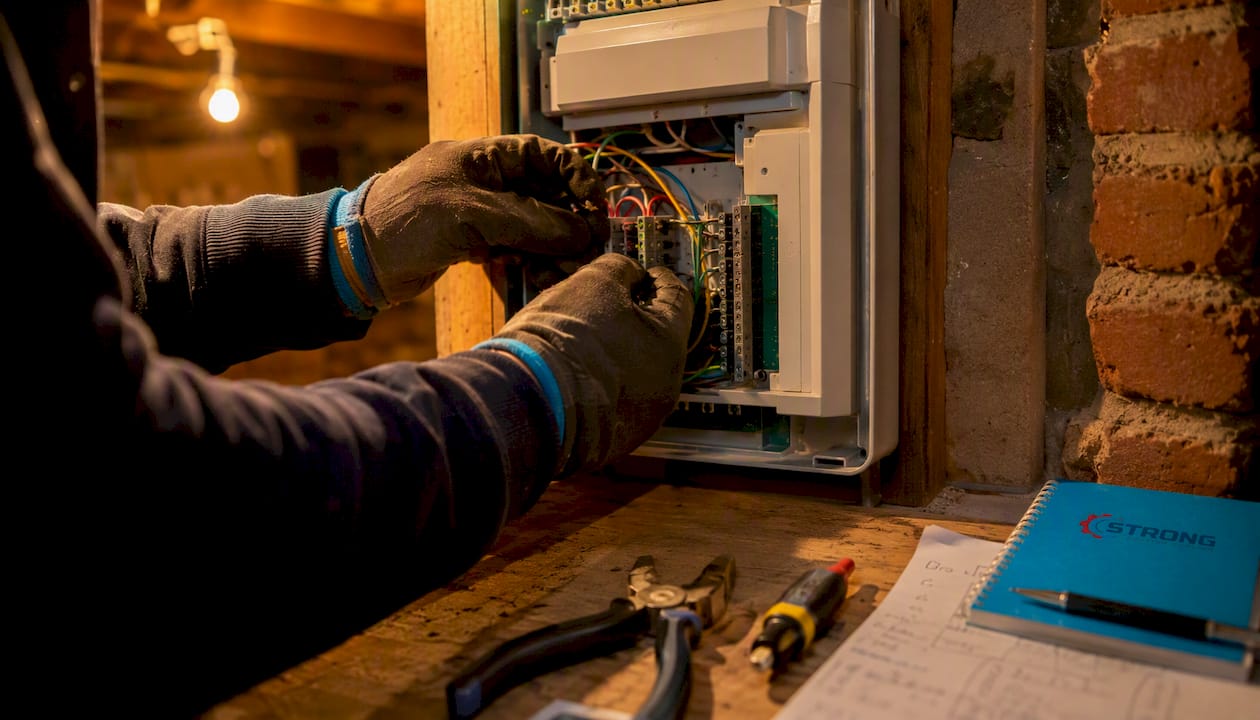Technician adjusting HVAC zoning panel in basement