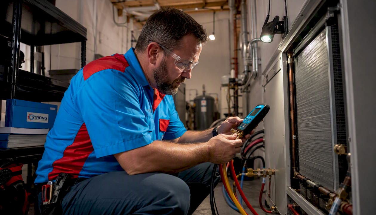 Technician performing HVAC maintenance check
