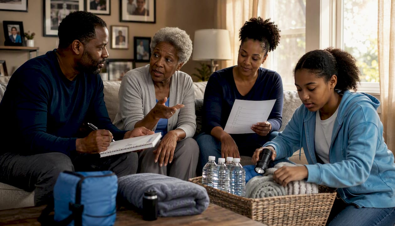 Family preparing emergency HVAC plan at table