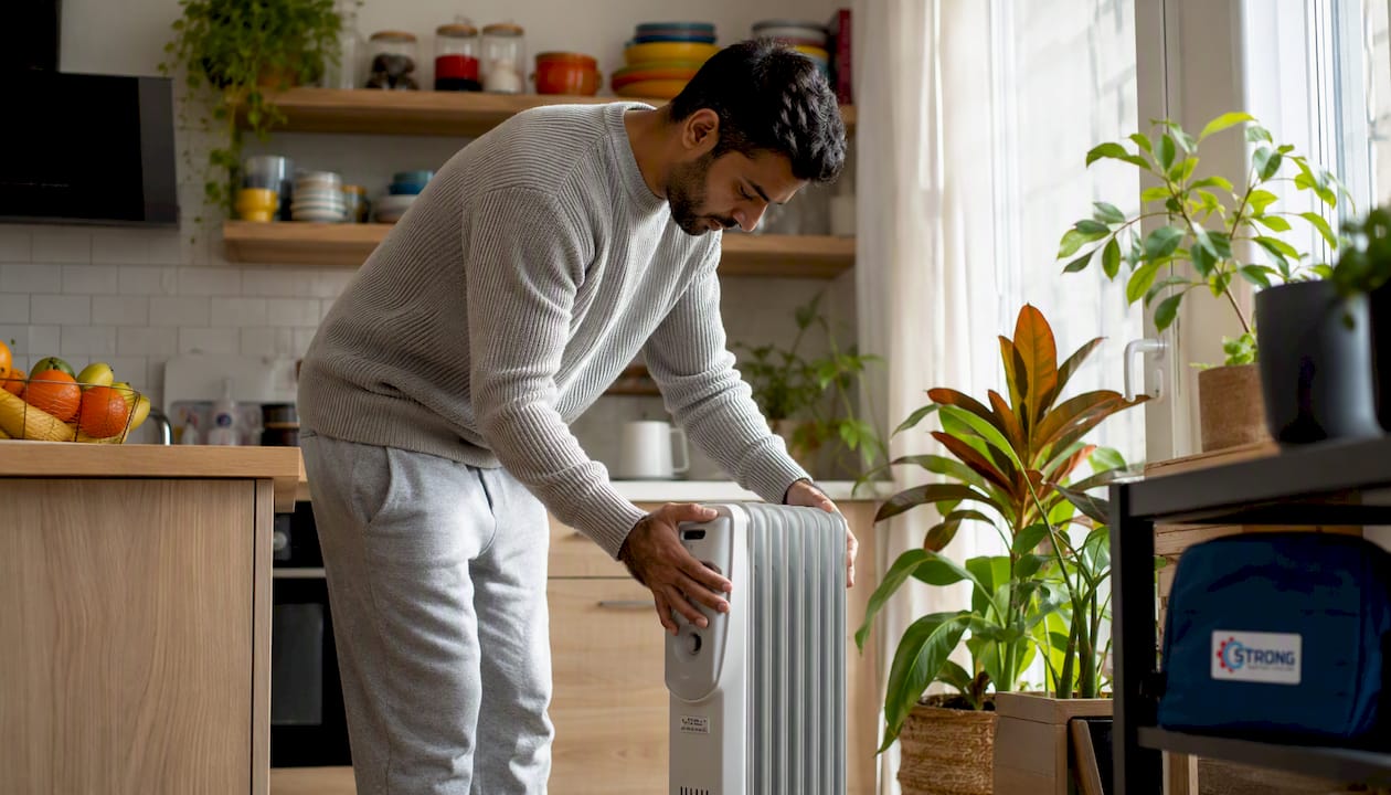 Man placing electric heater near thermostat