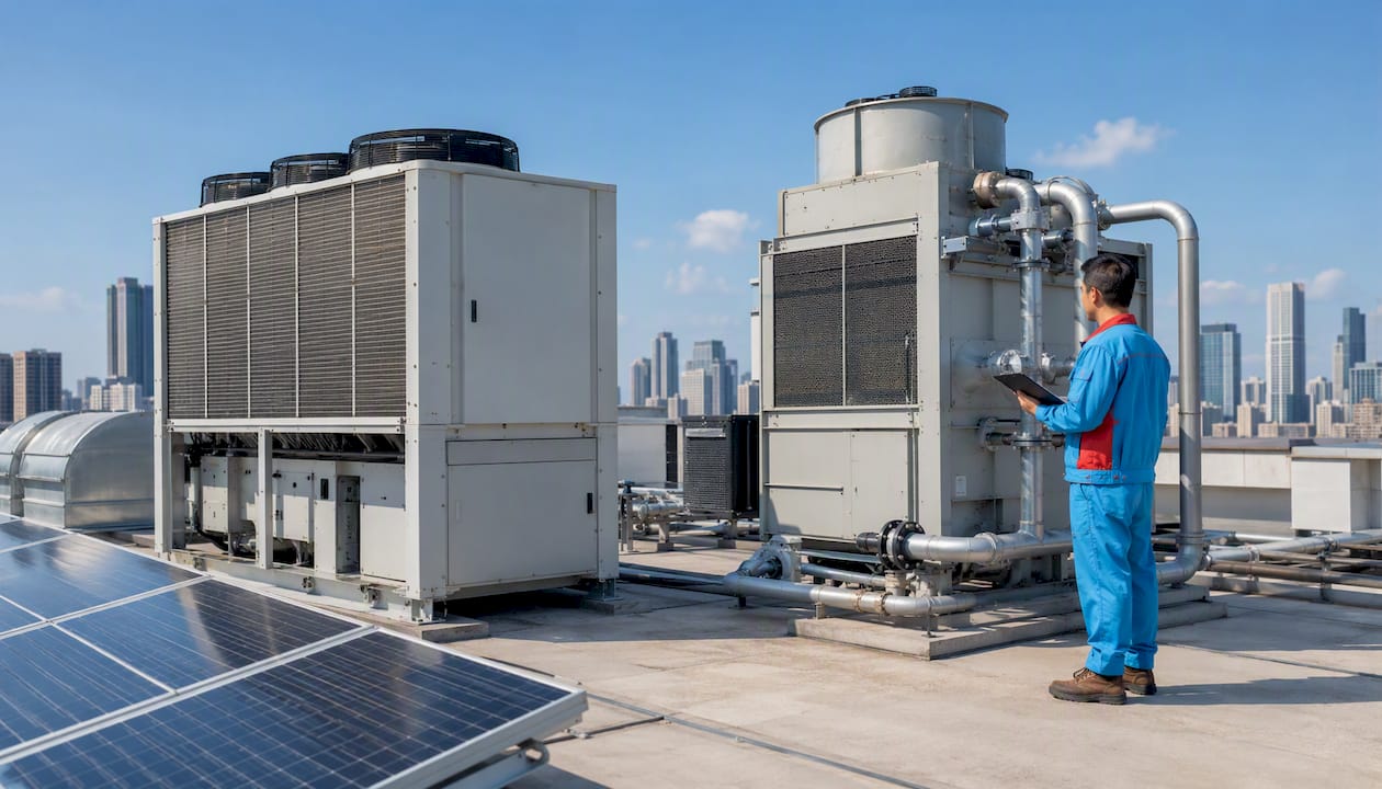Technician inspecting air- and water-cooled chillers