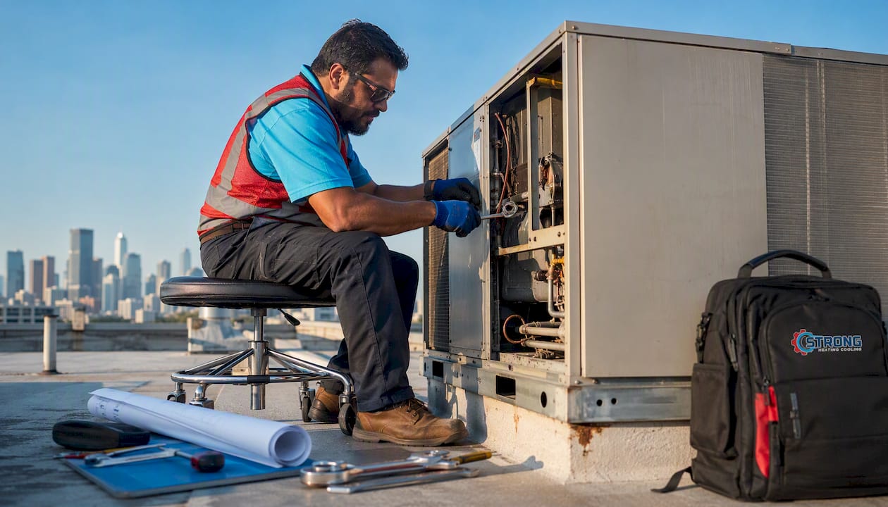 Technician repairing packaged rooftop HVAC unit