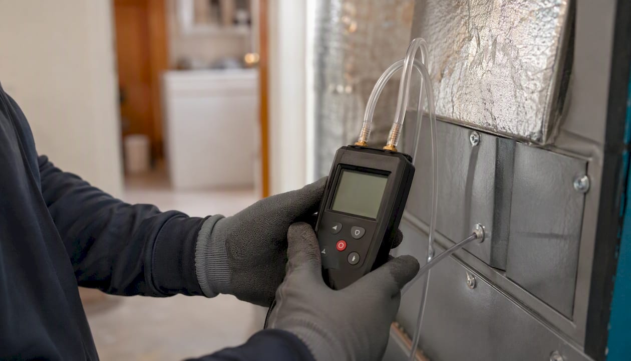Hands measuring HVAC static pressure
