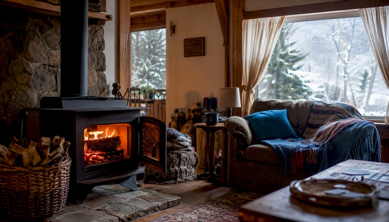 Glowing EPA-certified wood stove in home