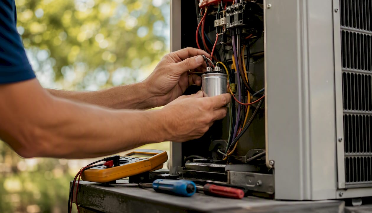 Technician inspecting air conditioner electrical parts