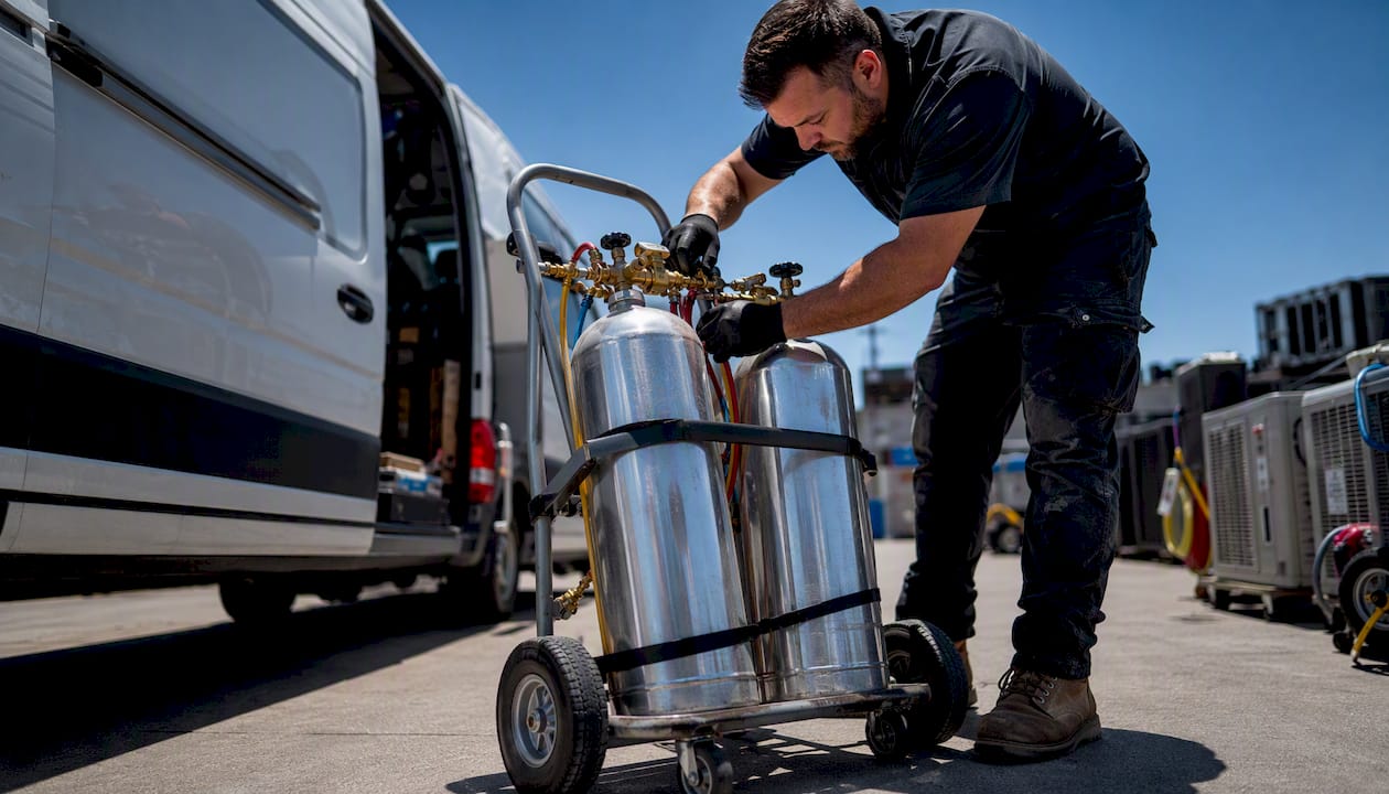 Technician handling refrigerant cylinders in workshop