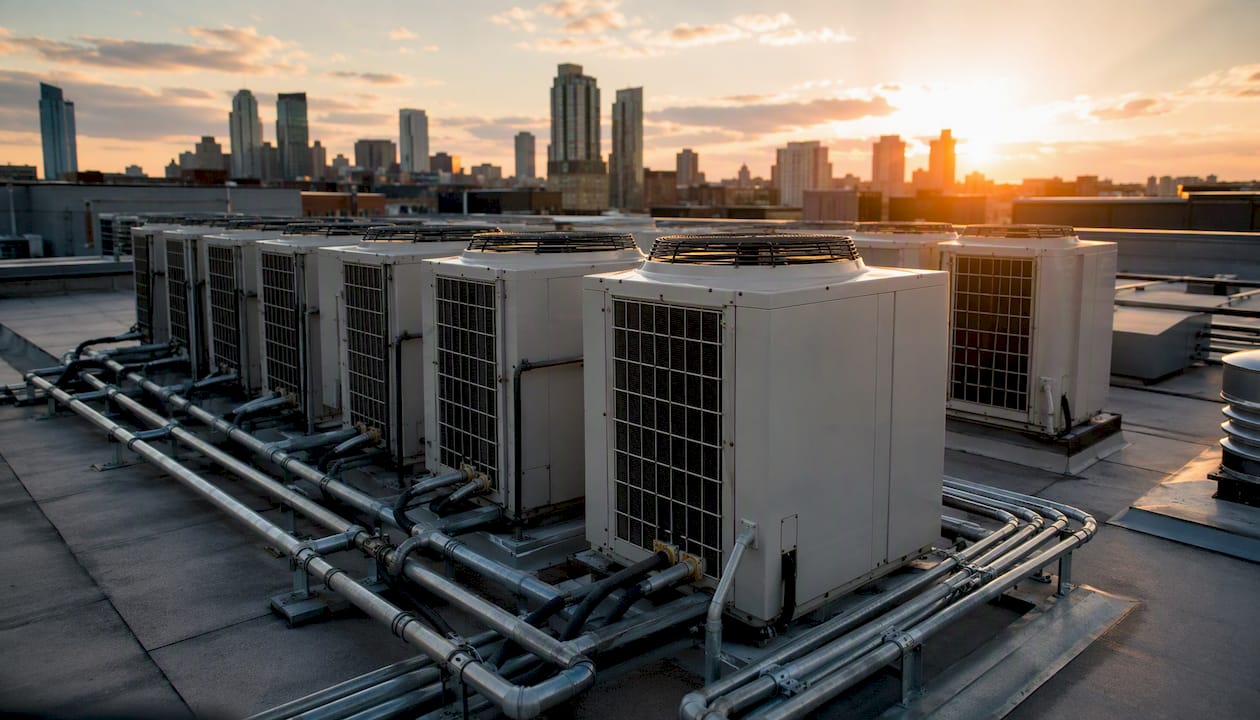 VRF HVAC units on commercial rooftop