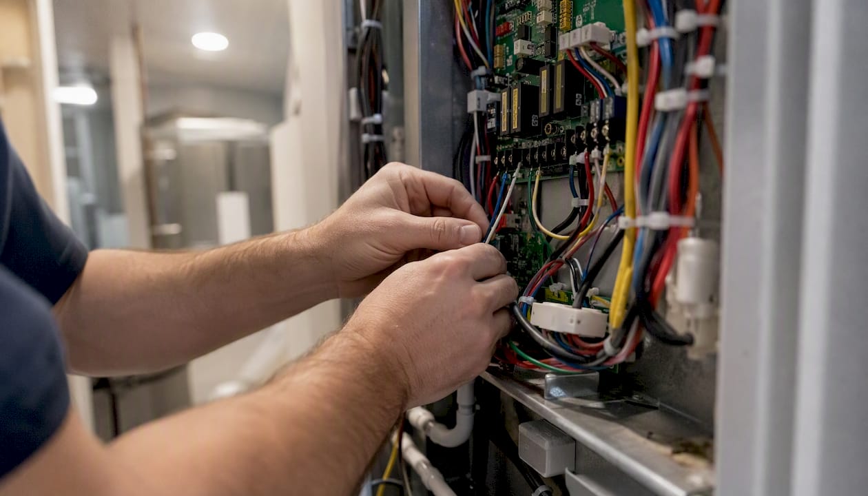 Technician hands inspecting HVAC wiring