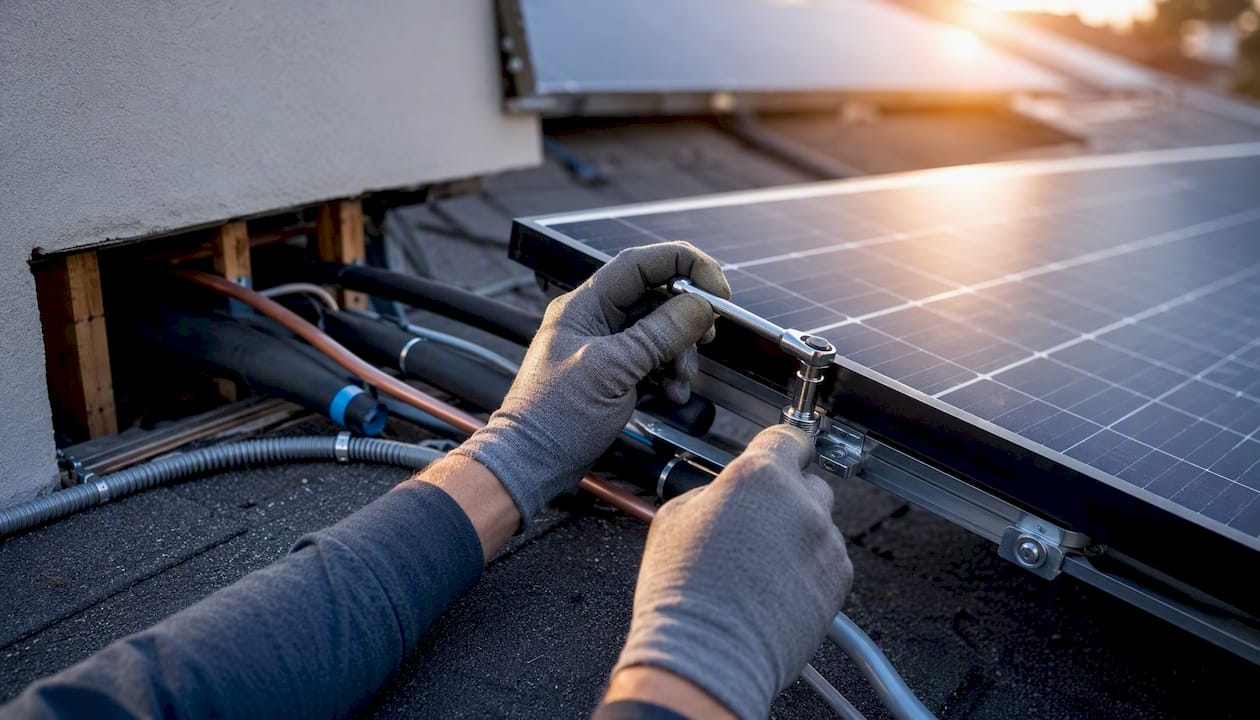 Hands installing solar panels and HVAC piping on roof
