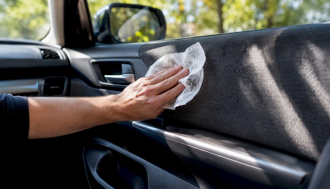 Hand rubbing dryer sheet on car seat fabric