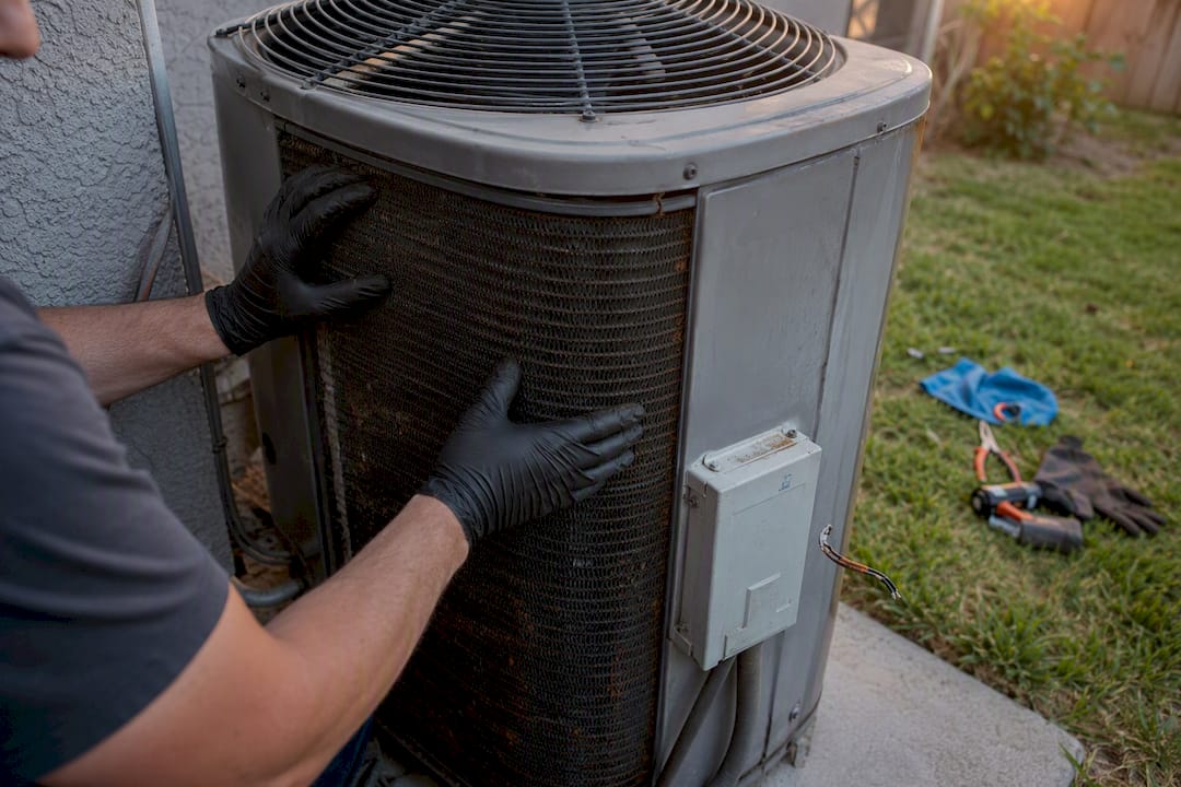 Technician inspecting outdoor HVAC coil damage
