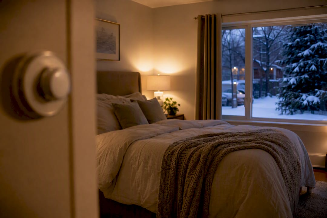 Cozy bedroom with warm bedding in winter