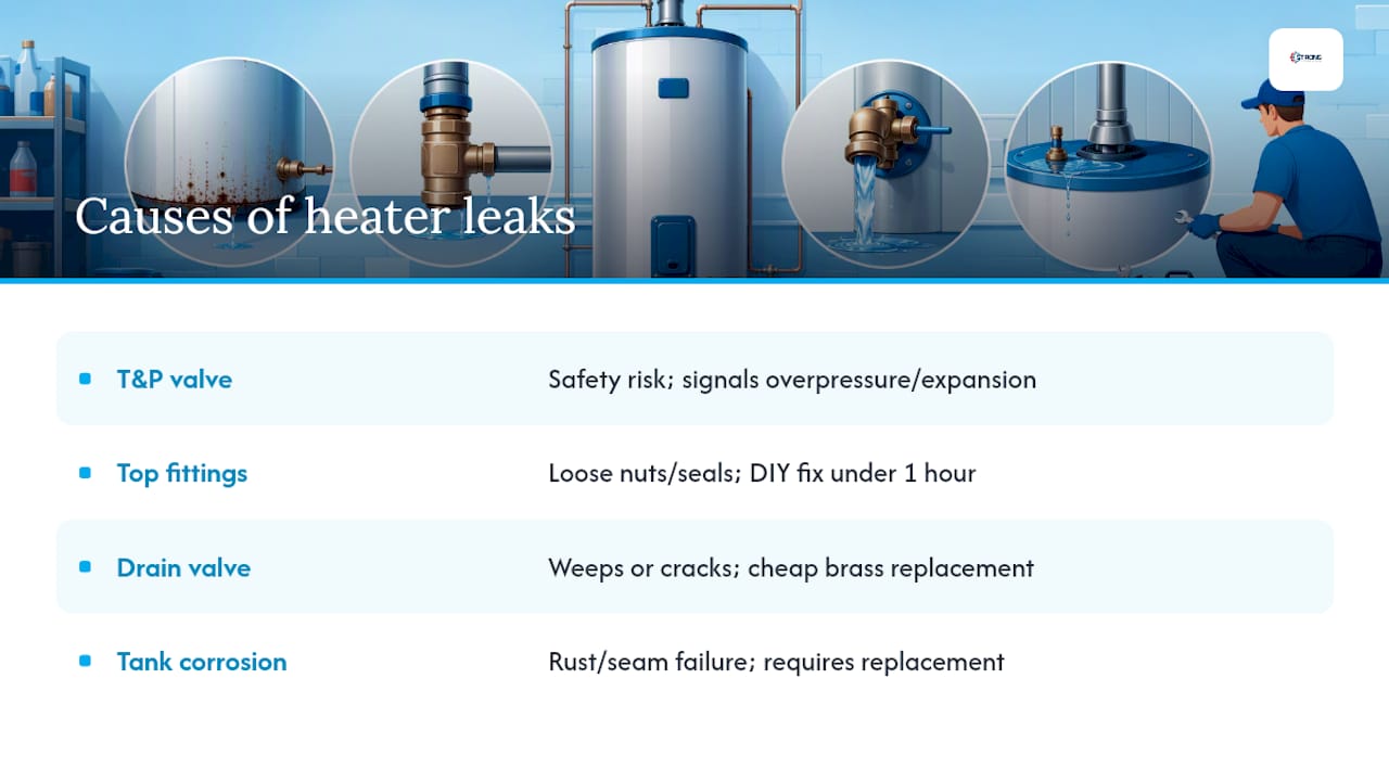 Diagram comparing causes of water heater leaks by risk and cost