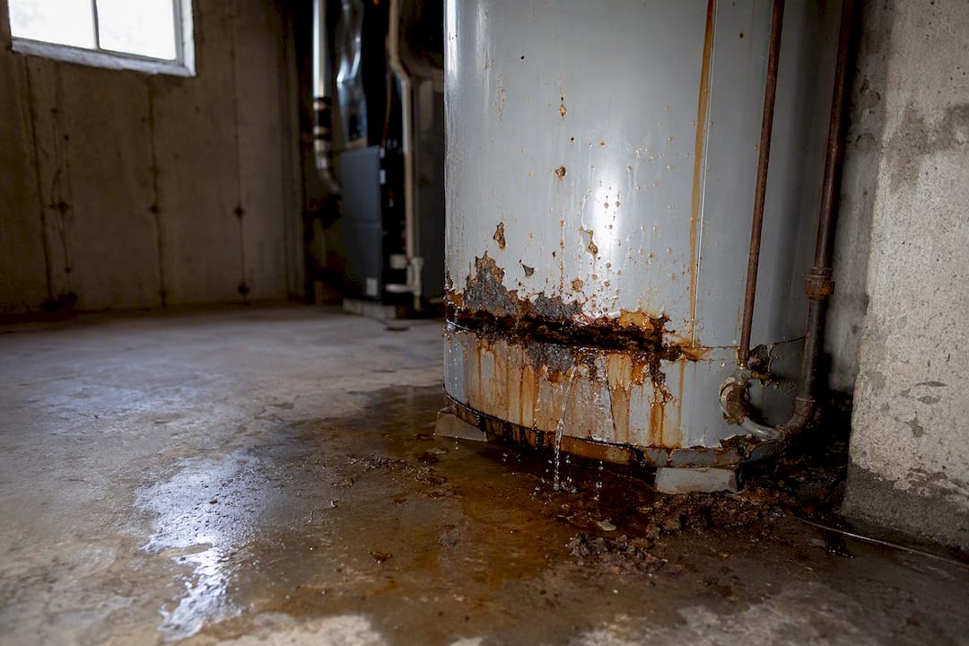 Rusty water heater tank seam leaking water in basement