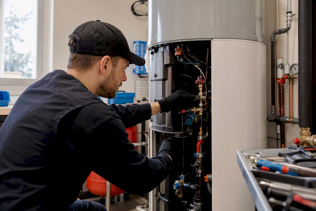 Technician's hands inspecting water heater fittings