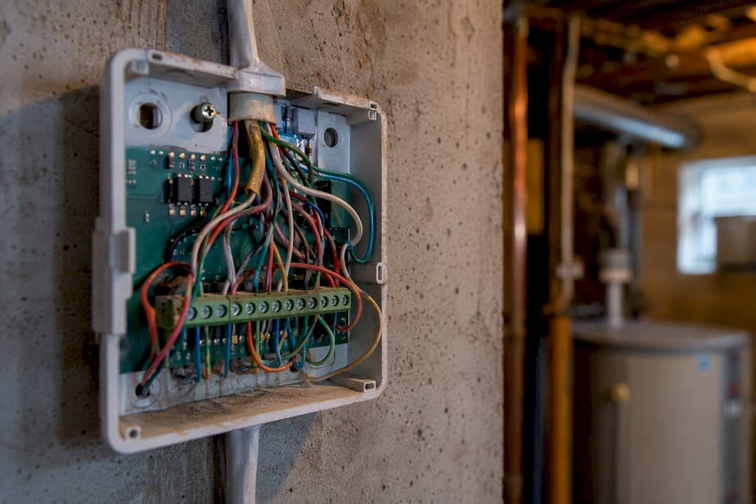 Close-up of thermostat wiring connections inside wall