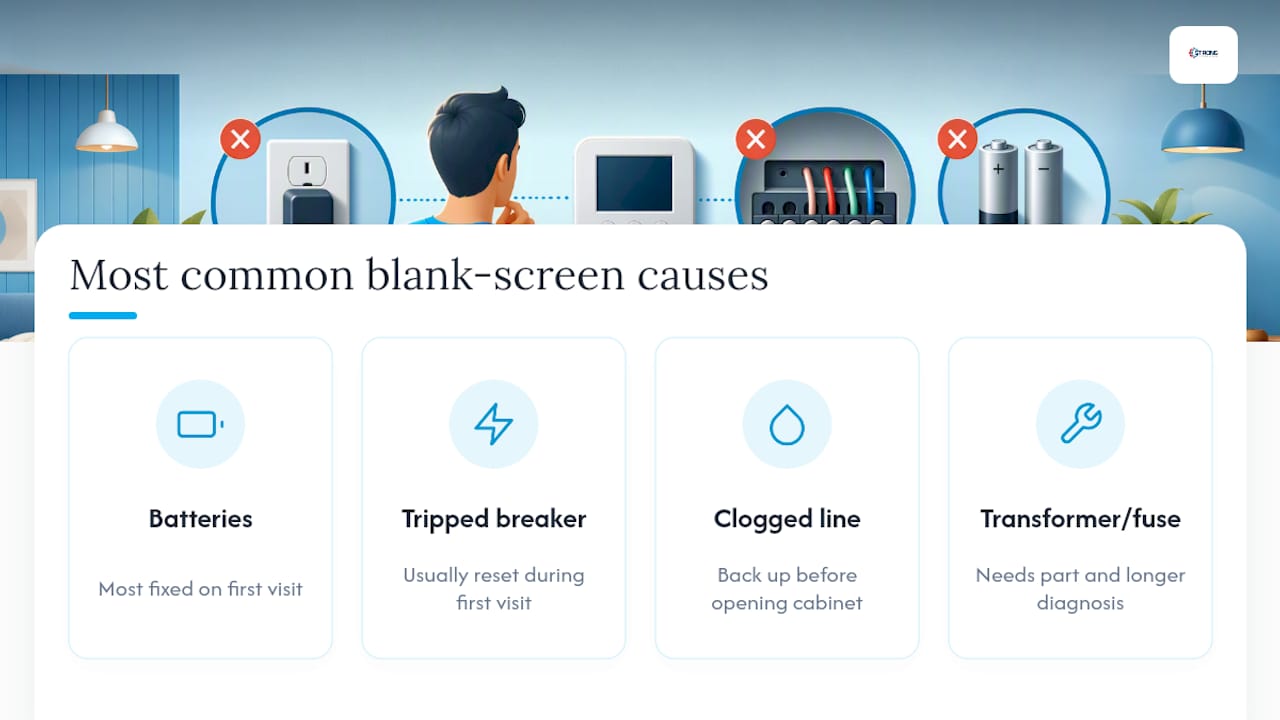 Diagram of common blank thermostat screen causes and solutions