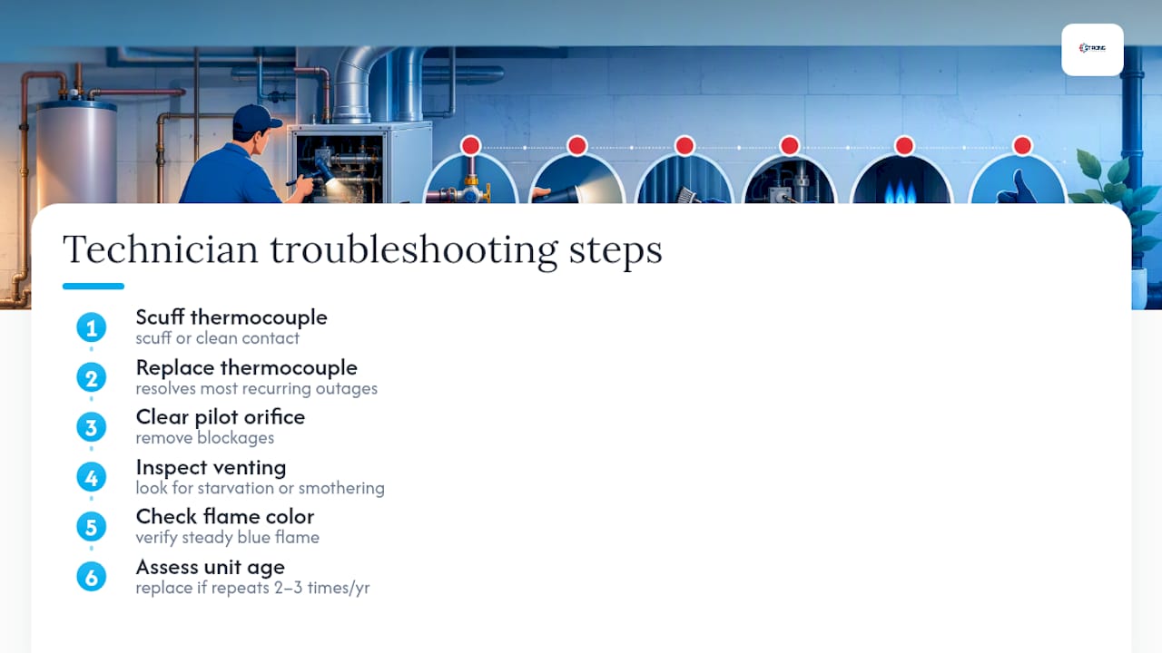 Diagram showing six troubleshooting steps for pilot light problems