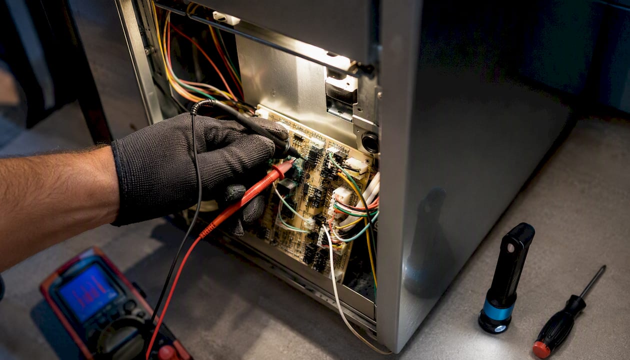 Technician testing furnace control board