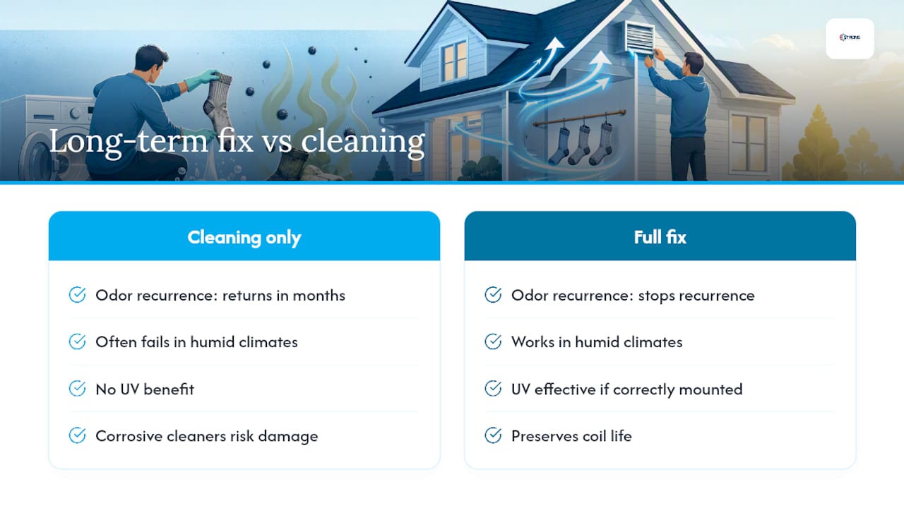 Three-part HVAC odor prevention approach