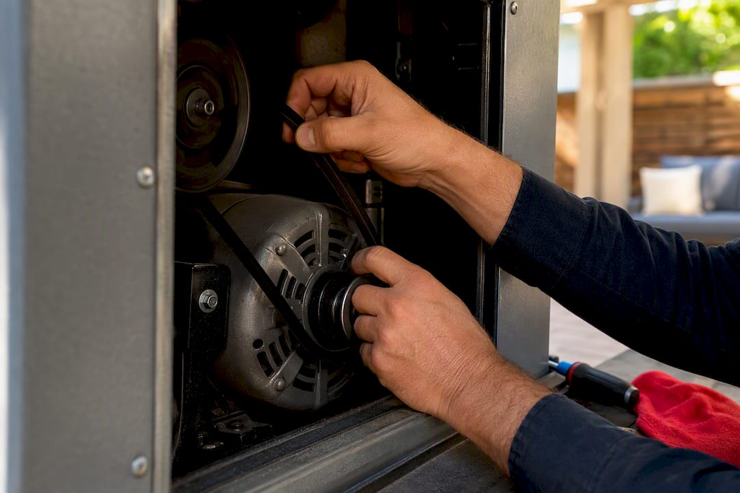 Technician inspecting swamp cooler belt and motor