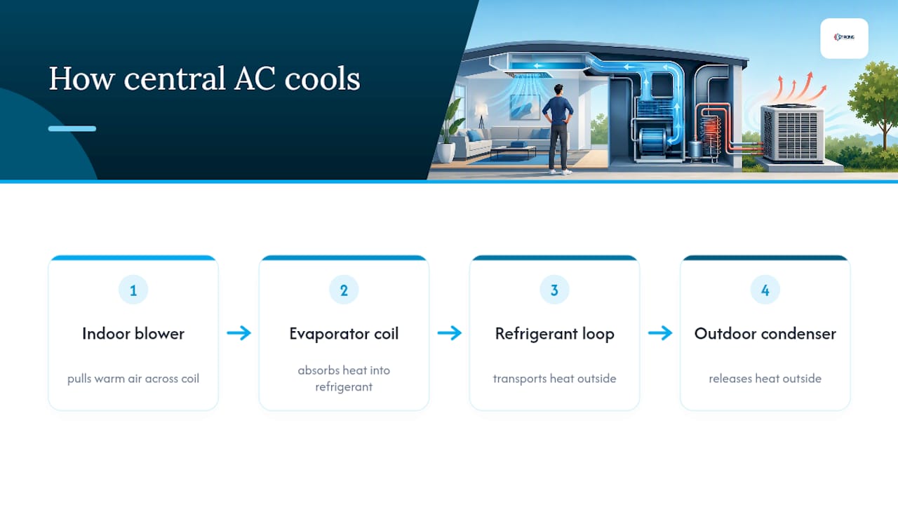 Central AC airflow and heat transfer cycle