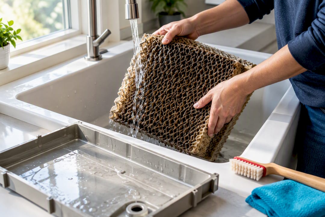 Homeowner cleaning evaporative cooler pad