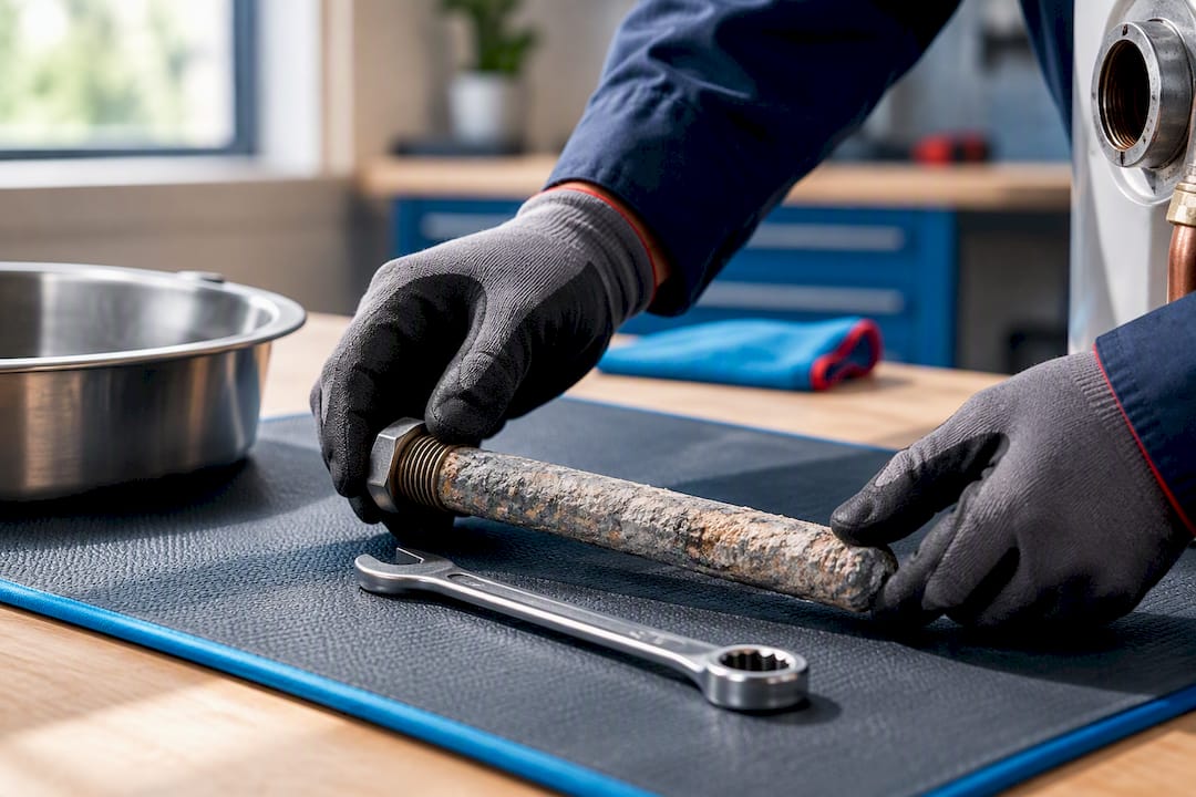 Corroded water heater anode rod beside wrench