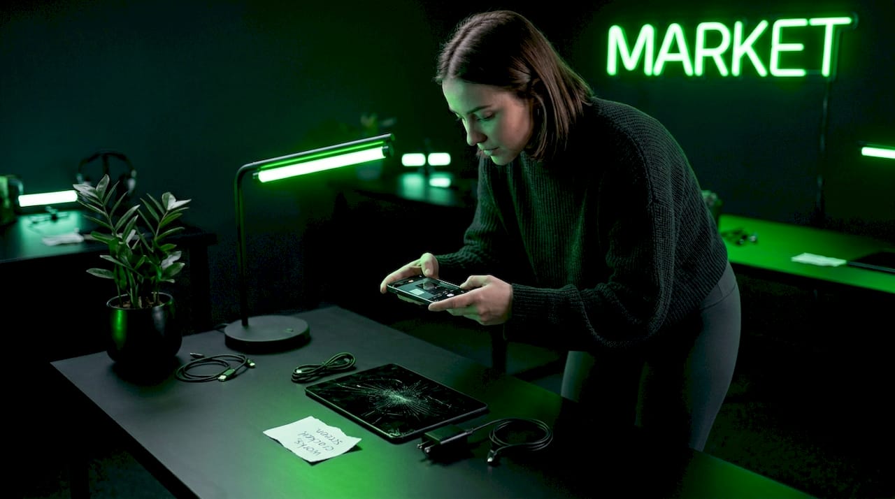 Woman photographing cracked tablet for online sale