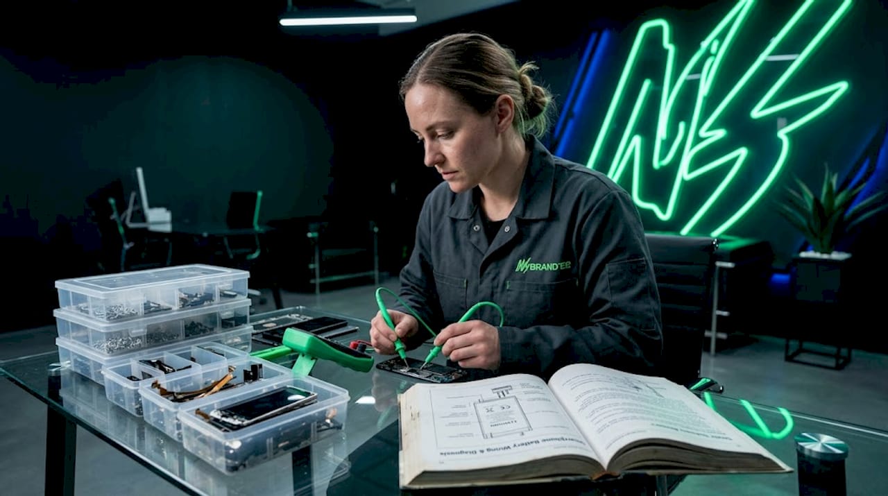 Woman testing phone logic board at dining table