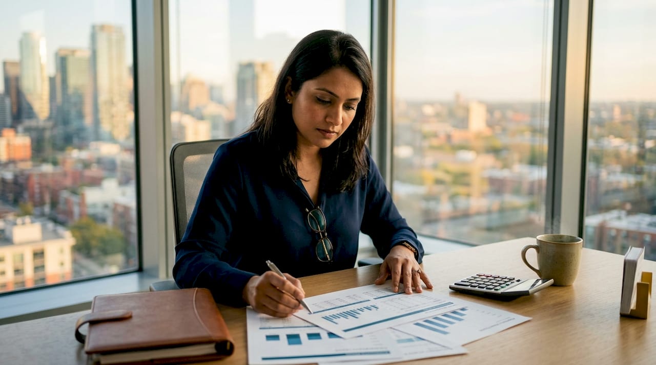 Analyst reviewing financial documents at desk