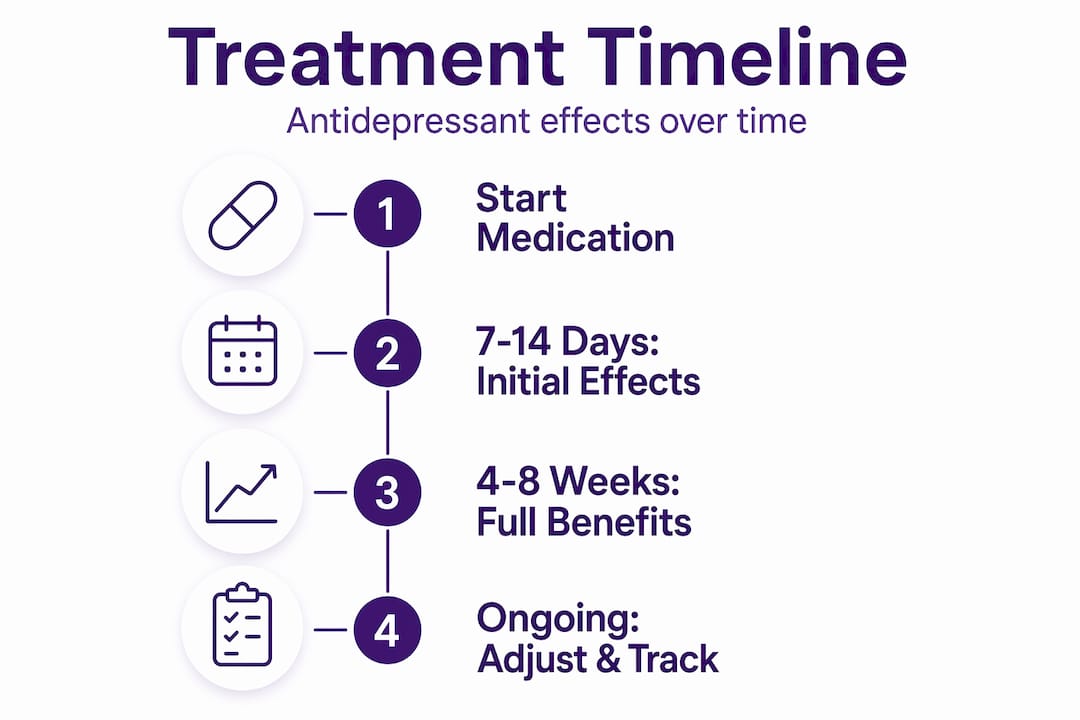 Infographic showing antidepressant treatment timeline steps