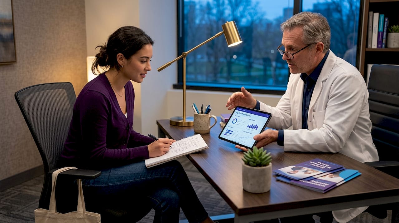 Woman discussing mood log with doctor in office