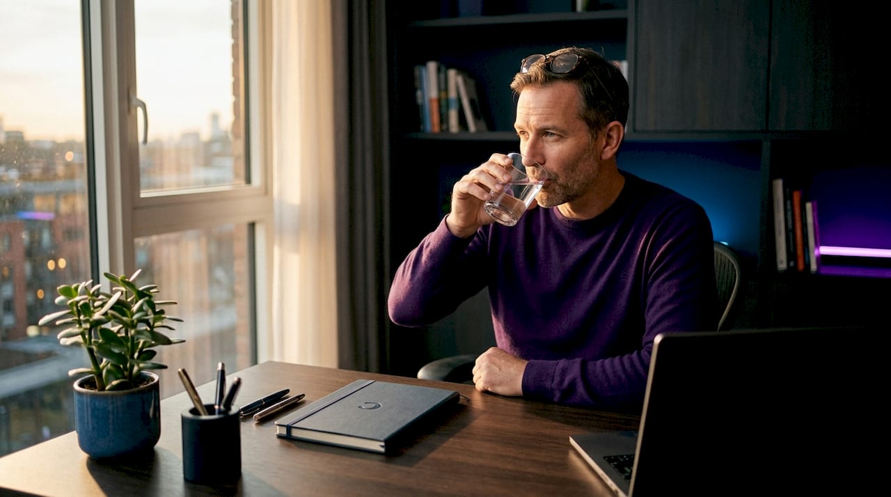 Man practicing mindful hydration at desk