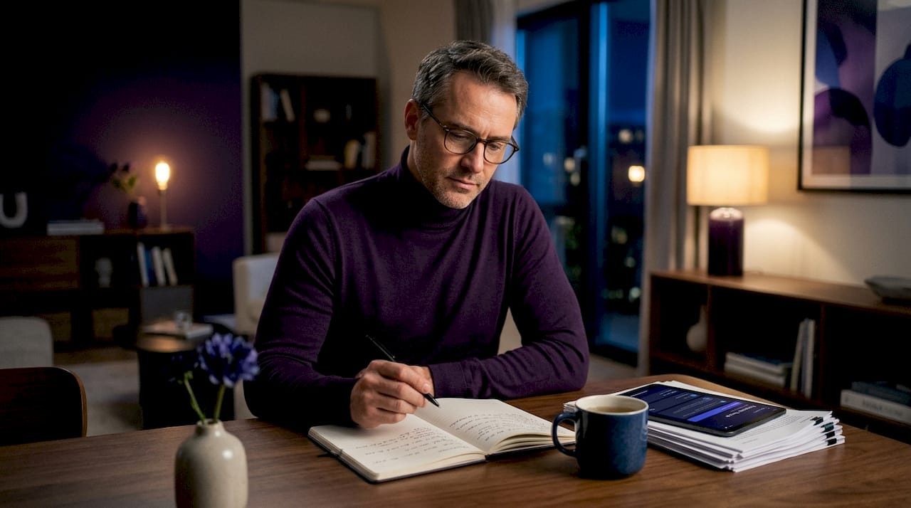 Man journaling about emotions at kitchen table