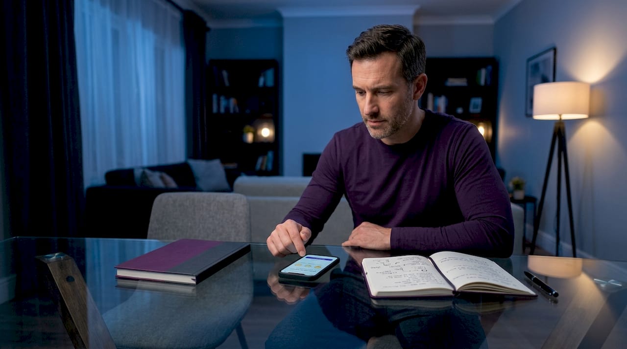 Man using mood tracking app at kitchen table