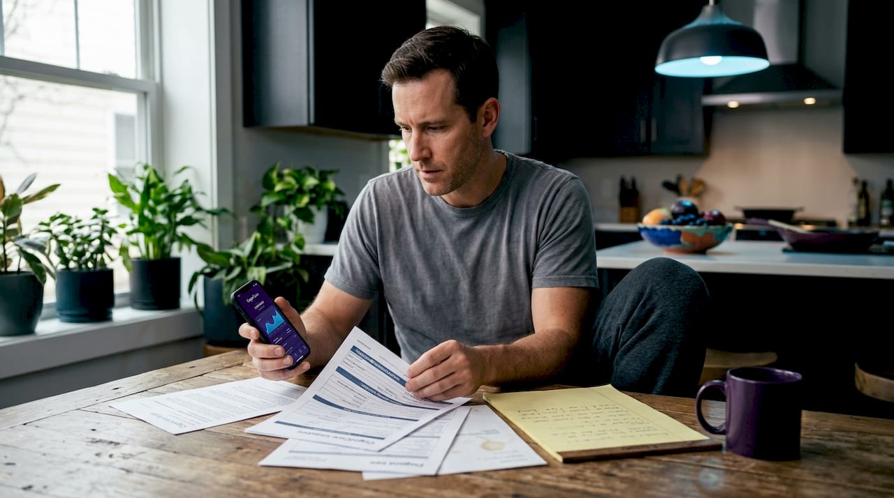 Man reviewing medical paperwork at kitchen table
