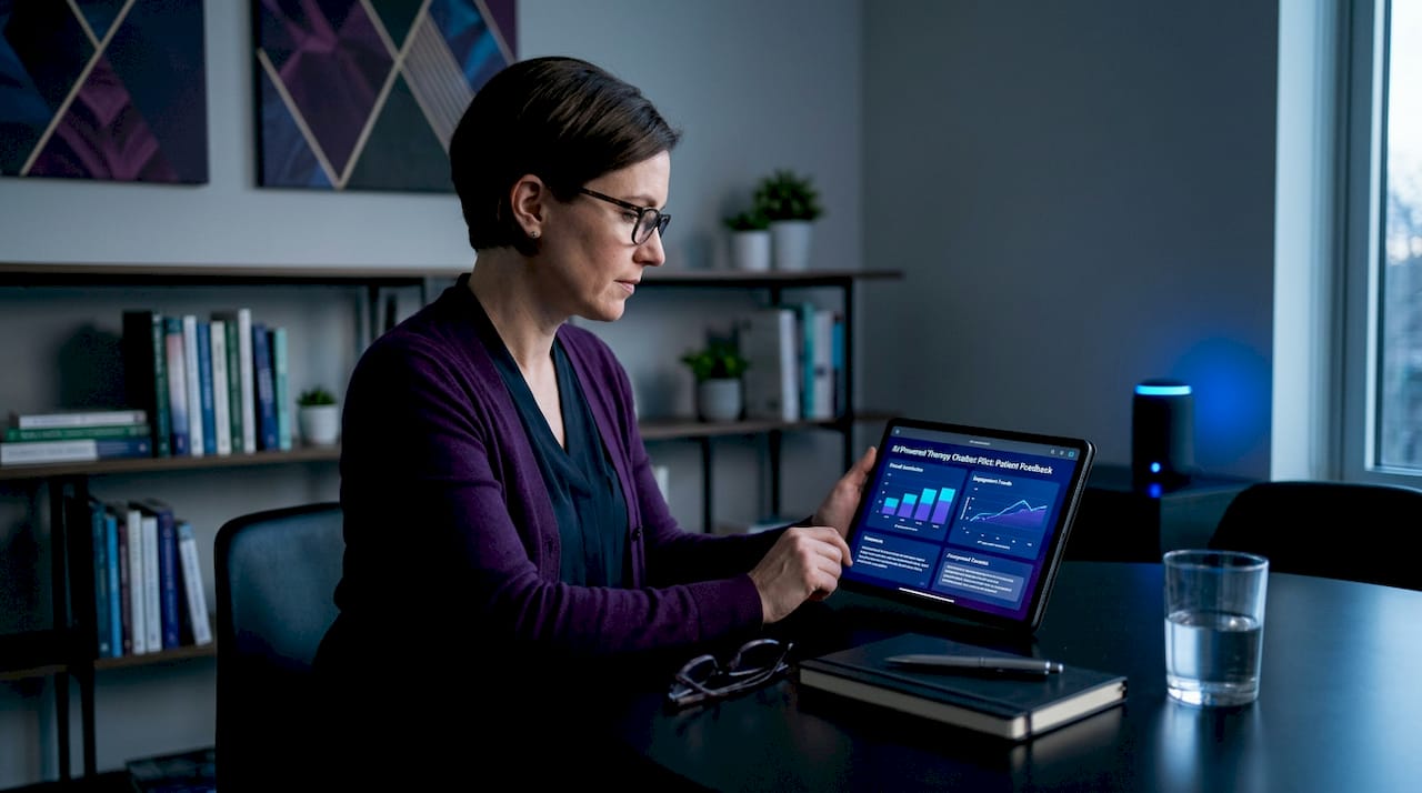 Clinician reading ai therapy pilot feedback