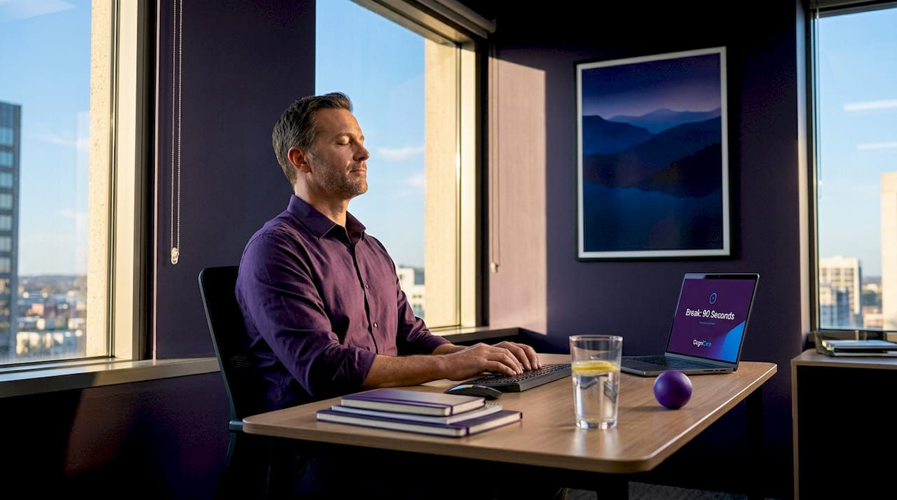 Man taking mindful break at office desk