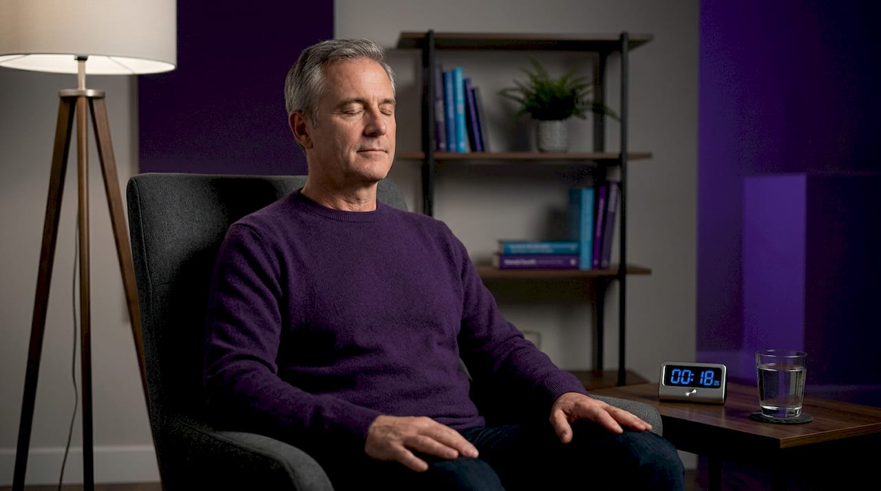 Man practicing breathing exercises in home study