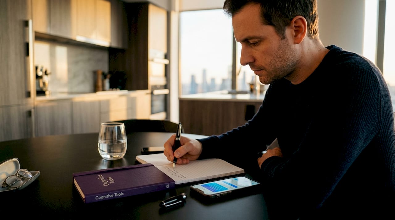 Man writing cognitive anxiety self-help notes