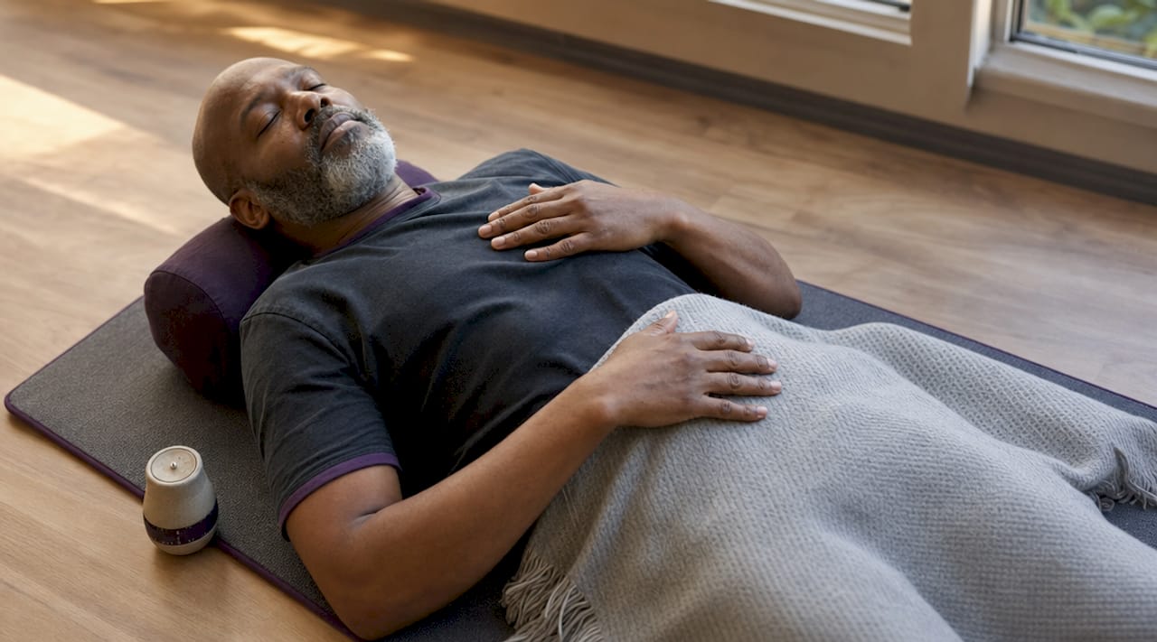 Man doing body scan meditation indoors