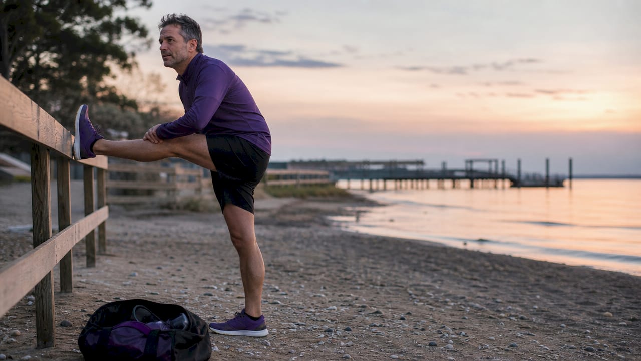 Man tying running shoes in park on autumn morning