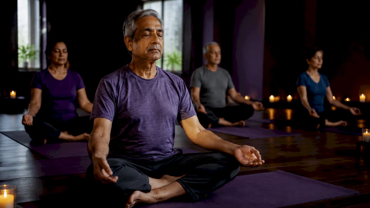 Older man practicing beginner yoga in studio